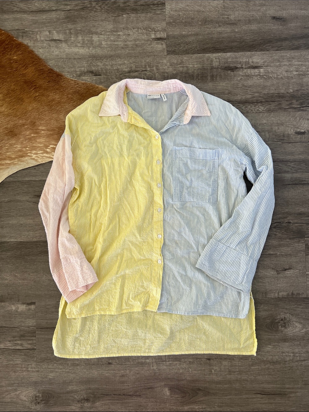 Pastel Colorblock Button-Up Shirt - Yellow, Blue & Pink